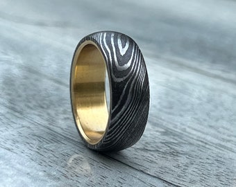 Damascus steel ring with Brass inlay | Wedding band | Gift for Him | Wedding Anniversary Birthday gift for Husband | women rings |