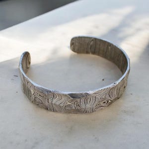 Hand Forged Damascus Steel Cuff Bracelet: Hammered Viking Bangle