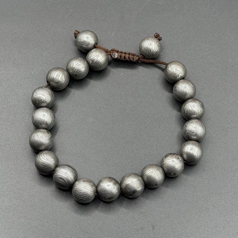Viking Style Damascus Steel Beaded Bracelet adjustable Thread with Multi designed Beads 12mm beads gift for him Strong Men Hand Cuff
