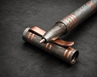 Hand Forged Damascus Steel Ballpoint Pen: Copper Lined, Personalized Gift