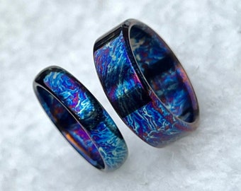 Colorful Titanium heat anodized Handmade Couple Rings Unique titanium random pattern Anniversary ring Couple set pair, Personalized gifts