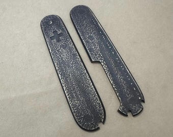 Brass scales for Victorinox 91mm Plus, featuring slots for a toothpick, tweezers, pen, and pushpins
