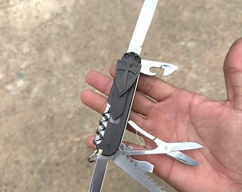 Victorinox 91mm Hustman Custom Titanium Scales, PocketClip, Crusader Shield, Screw Ti