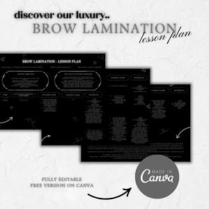 May include: A black lesson plan titled "BROW LAMINATION - LESSON PLAN" with white text and decorative elements. The text "discover our luxury" and "lesson plan" are also visible. The Canva logo is in the bottom right corner.