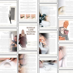 May include: A collage of pages from a Russian lash training manual. The pages include text and images related to eyelash extensions, including consultation, contraindications, and application techniques. The manual is designed for training and education.