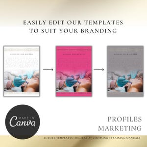 May include: A mockup of a digital marketing template for a business. The template features a photo of a person receiving a treatment, with the text "Building Your Business" at the top. The template is shown in three different color variations: white, pink, and gray.