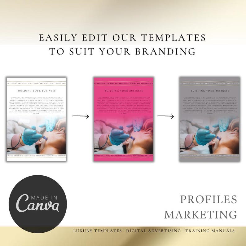 May include: A mockup of a digital marketing template for a business. The template features a photo of a person receiving a treatment, with the text "Building Your Business" at the top. The template is shown in three different color variations: white, pink, and gray.