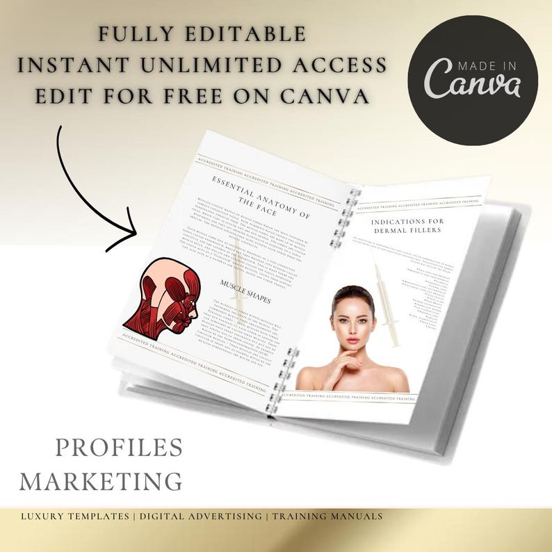 May include: Open book with a white background. The book has a spiral binding and is open to two pages. The left page has a diagram of the facial muscles and the text "Essential Anatomy of the Face". The right page has a photo of a woman with the text "Indications for Dermal Fillers".