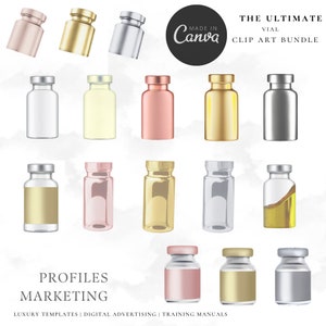 May include: A set of 12 digital clip art images of glass vials in various colors, including clear, gold, silver, pink, and yellow. The vials are all the same size and shape, and they are arranged in a grid pattern. The text "THE ULTIMATE VIAL CLIP ART BUNDLE" is at the top of the image. The text "PROFILES MARKETING" is at the bottom of the image. The text "MADE IN CANVA" is in a circle in the upper right corner of the image.