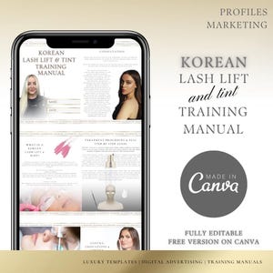 Op de afbeelding: Een smartphone toont een "Korean Lash Lift & Tint Training Manual" met afbeeldingen en tekst. De handleiding bevat secties over consultatie, behandelingsprocedures en contra-indicaties. Het Canva-logo is zichtbaar.
