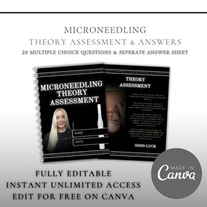Può includere: Una valutazione teorica stampabile in bianco e nero per la microneedling. La valutazione comprende 20 domande a scelta multipla e un foglio di risposte separato. Il testo della valutazione recita "Valutazione teorica di microneedling" e "Buona fortuna".