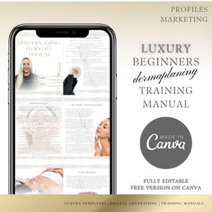 Puede incluir: Un manual de capacitación digital para principiantes en dermaplaning. El manual se muestra en la pantalla de un teléfono inteligente e incluye secciones sobre la consulta, la creación de su negocio y el crecimiento del cabello. El manual se titula "Manual de capacitación de dermaplaning para principiantes de lujo" y está hecho con Canva.