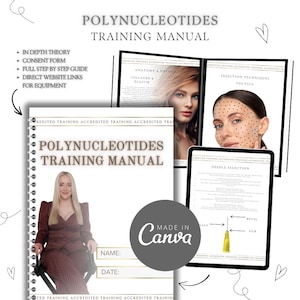 May include: A training manual titled "Polynucleotides Training Manual" with a spiral binding. The cover features a woman in a maroon suit. Inside, there are images of anatomy, injection techniques, and needle selection. The manual includes theory, consent forms, and step-by-step guides.