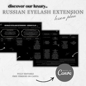 Puede incluir: Plan de lección en blanco y negro titulado "Russian Eyelash Extension" con el texto "discover our luxury". El plan de lección es totalmente editable y está disponible de forma gratuita en Canva. El logotipo de Canva es visible.