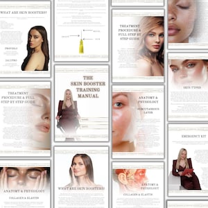 Peut inclure: Un manuel de formation sur les boosters de peau composé de plusieurs pages avec du texte éducatif, des schémas de composants d'aiguilles, des illustrations anatomiques faciales et des photos de personnes illustrant des soins.