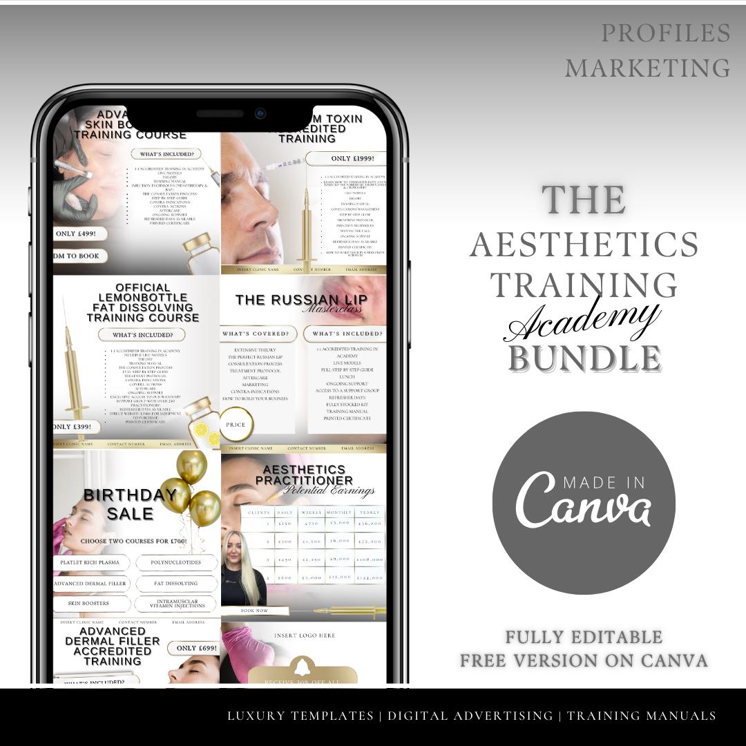 The Aesthetics Training Academy Social Media Bundle - 10 x Editable Templates | Aesthetics, Botox, Lip Filler, School, PRP, Skin Boosters