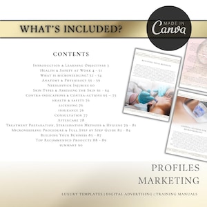 May include: A white and gold graphic with the text "What's Included?" and "Contents" in black text. The graphic lists the contents of a microneedling training manual, including health and safety, anatomy and physiology, skin types, contra-indications, licensing, insurance, consultation, aftercare, treatment preparation, sterilization methods, hygiene, microneedling procedure, full step by step guide, building your business, top recommended products, and summary. The graphic also includes the text "Profiles Marketing" and "Luxury Templates | Digital Advertising | Training Manuals".