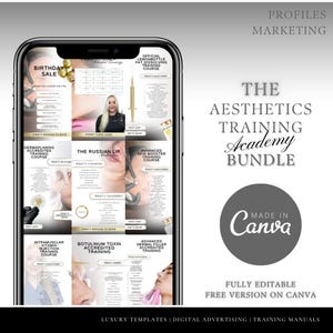 May include: A digital marketing kit for an aesthetics training academy. The kit includes templates for social media posts, training manuals, and digital advertising. The kit is fully editable and available for free on Canva. The image features a collage of different training courses, including dermaplaning, the Russian lip, advanced skin booster, intramuscular vitamin injection, botulinum toxin, and advanced dermal filler.