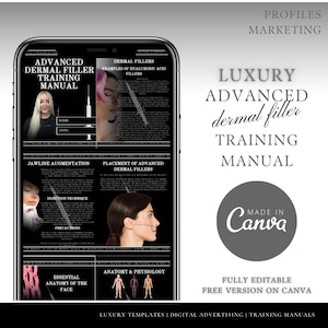 Könnte beinhalten: Ein digitales Schulungshandbuch in Schwarzweiß für Dermafiller. Das Handbuch enthält Informationen über Kinnvergrößerung, Injektionstechniken und Anatomie. Das Handbuch trägt den Titel "Luxury Advanced Dermal Filler Training Manual" und wurde mit Canva erstellt. Das Handbuch ist vollständig editierbar und kostenlos auf Canva verfügbar.
