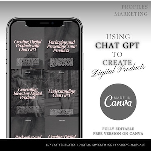 以下が含まれることがあります： ChatGPT を使用してデジタル製品を作成するためのデジタル製品テンプレートを表示するスマートフォンのモックアップ。テンプレートは、ChatGPT を使用したデジタル製品の作成、製品のパッケージングとプレゼンテーション、デジタル製品のアイデアの生成、ChatGPT の理解、パッケージングとデジタルの作成の 6 つのセクションに分かれています。テンプレートは Canva で作成されており、完全に編集可能です。画像の上部に大きなフォントで「ChatGPT を使用してデジタル製品を作成する」というテキストが表示されます。画像の下部に円形で「Canva で作成」というテキストが表示されます。