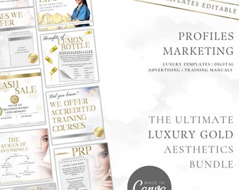 The Ultimate Luxury Gold Aesthetics Bundle - 60 Editable Social Media Templates, Price List & 9 Highlight Covers - Editable in Canva