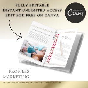 May include: Open book with a white background and spiral binding. The left page has the text "Building Your Business" and a photo of a person receiving a facial treatment. The right page has the text "Anatomy & Physiology" and a diagram of the human body. The book is titled "Profiles Marketing" and has the text "Luxury Templates | Digital Advertising | Training Manuals".