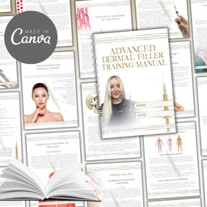 May include: A white training manual with a gold spine titled "Advanced Dermal Filler Training Manual". The cover features a woman with blonde hair and a syringe. The manual is open to a page with the title "Dermal Fillers" and text about hyaluronic acid fillers.