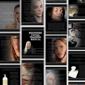 May include: A collection of black and white educational materials for facial training. The documents include text and images related to skin care, facial treatments, and procedures. The central document is titled "Beginners Facial Training Manual."