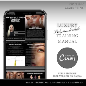 May include: A smartphone screen shows a "Polynucleotides Training Manual" with details on needle selection and anatomy. The image features the text "Luxury Polynucleotide Training Manual" and "Made in Canva."