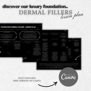 以下が含まれることがあります： 「Foundation Dermal Fillers」と題された白黒のレッスン計画。テキストには「discover our luxury foundation」と「lesson plan」が含まれています。Canvaのロゴが見えます。レッスン計画は完全に編集可能で、Canvaで無料版が利用できます。
