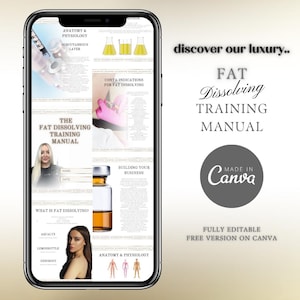 Puede incluir: Un smartphone muestra un manual digital titulado "FAT Dissolving TRAINING MANUAL". El manual incluye secciones sobre anatomía, fisiología y disolución de grasas. La imagen también presenta el texto "discover our luxury" y "MADE IN CANVA".