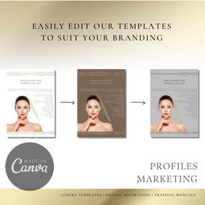 May include: Three different versions of a marketing template for dermal fillers. The template features a woman with a neutral expression, a syringe, and the text "Indications for Dermal Fillers". The background colors are white, brown, and gray.