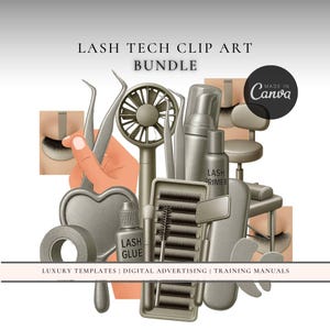 以下が含まれることがあります： まつげ技術者のツールのデジタルイラスト。ピンセット、ファン、まつげプライマー、まつげグルー、まつげトレイが含まれています。「LASH TECH CLIP ART BUNDLE」の文字が上にあり、「LUXURY TEMPLATES | DIGITAL ADVERTISING | TRAINING MANUALS」が下にあります。