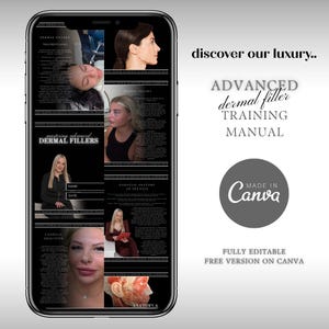 Op de afbeelding: Een smartphonescherm met een geavanceerde handleiding voor dermale fillers met zwarte pagina's, witte tekst en diverse foto's van gezichtsanatomie en procedures. De tekst bevat koppen zoals Mastering Advanced Dermal Fillers.