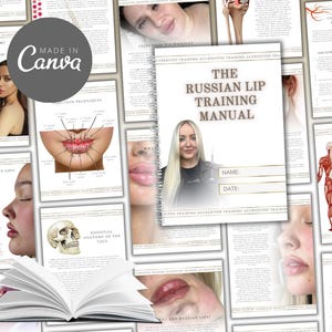 Puede incluir: Un manual de capacitación titulado "The Russian Lip Training Manual" con encuadernación en espiral, rodeado de páginas con diagramas anatómicos e imágenes de labios. La portada presenta a una mujer con cabello rubio. El texto "Made in Canva" también es visible.