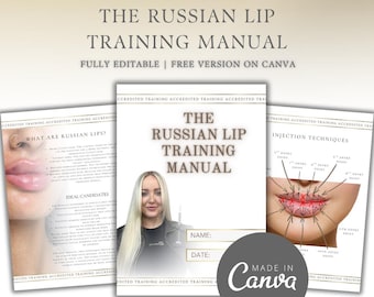 Manual avanzado de capacitación sobre rellenos labiales rusos: descarga instantánea, totalmente editable en Canva. Capacitador, estudiante, estética de rellenos dérmicos.