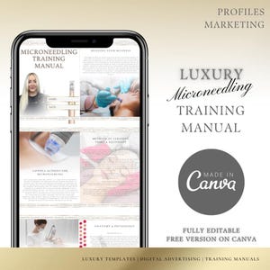 Op de afbeelding: Een smartphone-scherm met een trainingshandleiding voor microneedling. De handleiding bevat secties over het opzetten van een bedrijf, het reinigen van gereedschap en apparatuur, contra-indicaties voor microneedling en anatomie en fysiologie. De handleiding heeft de titel "Luxury Microneedling Training Manual" en is gemaakt met Canva. De tekst "Volledig bewerkbaar Gratis versie op Canva" wordt ook op het scherm weergegeven.