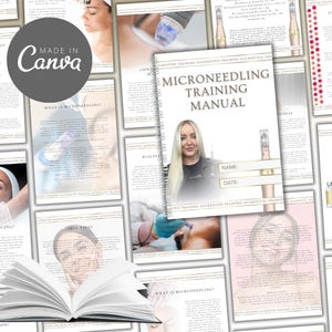 May include: A spiral-bound "Microneedling Training Manual" with a woman's photo on the cover, surrounded by informational pages. The manual includes sections on skin types and microneedling procedures. The Canva logo is visible.