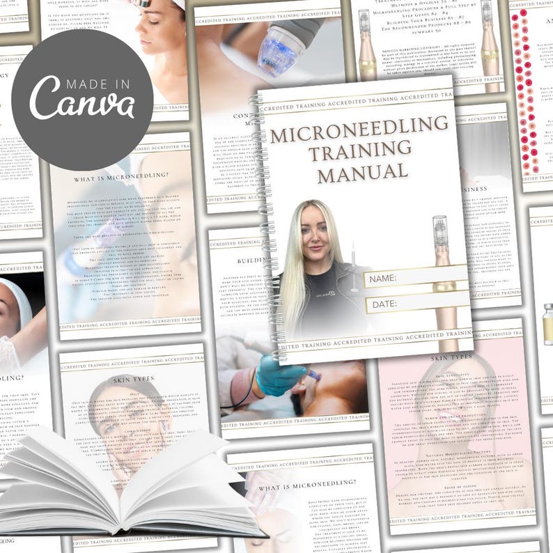 May include: A training manual titled "Microneedling Training Manual" with a spiral binding. The cover is gold and white with a woman's face and a microneedling pen. The manual is open to a page titled "What is Microneedling?" with text and images.