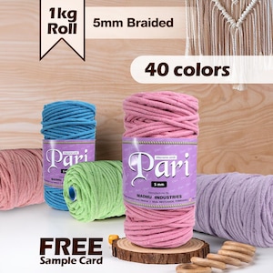 May include: A selection of colourful 5mm braided macrame cords in shades of pink, blue, and green. The rolls are labelled "Pari" and the text "40 colours" is displayed. The image also includes the text "FREE Sample Card".