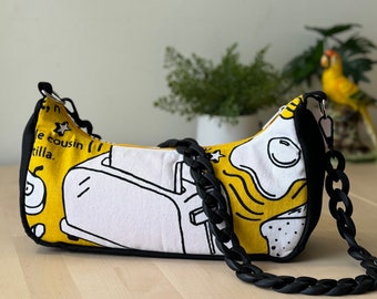 READY TO SHIP Upcycled Breakfast Baguette Bag with Chunky Black Chain
