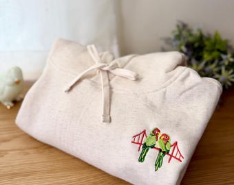 Embroidered San Francisco Cherry Headed Conure Parrot Golden Gate Bridge Cropped Sweatshirt Hoodie