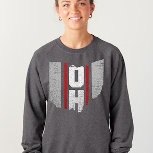May include: A dark gray sweatshirt with a white distressed graphic of the state of Ohio with the letters "OH" inside. The graphic has two red vertical stripes on either side of the letters.