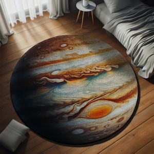 May include: A round rug with a colorful design resembling the surface of Jupiter. The rug has swirling patterns of brown, orange, blue, and white.