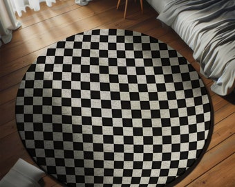 Checkered Rug, Round Rug aged black white checker area rug living room rug check pattern carpet black entry way rug Home Decor rug