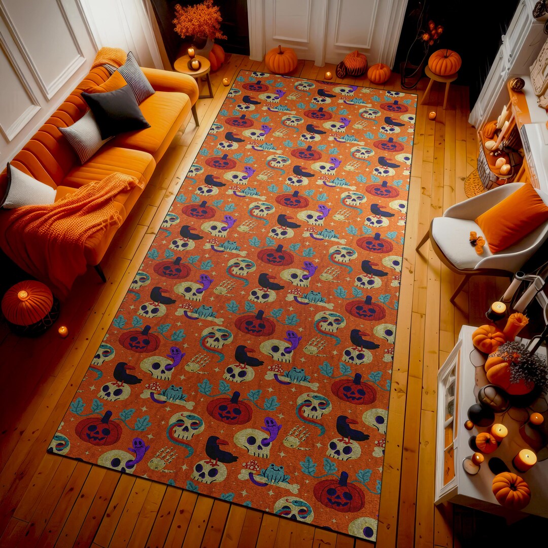 Halloween Skulls and Pumpkin Area Rug – Spooky Orange Themed Floor ...