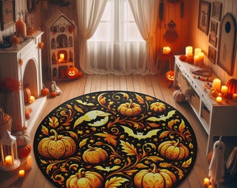 Round Halloween Rug with Pumpkins, Full Moon & Bats – Spooky Fall Décor, Circle Carpet