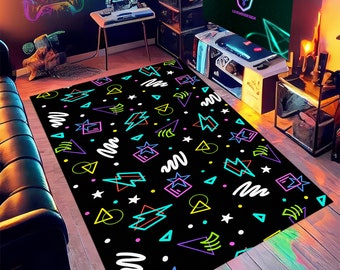 Retro 80s Arcade Rug: Colorful Abstract Accent Floor Mat