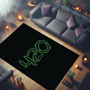 Alfombra 420, decoración de habitación con marihuana, alfombra con plantas verdes, regalo personalizado con temática de marihuana, ganja, alfombra con marihuana, decoración artística divertida con marihuana, alfombra nocturna