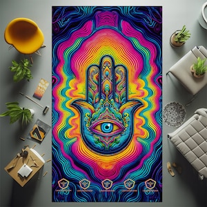 Hamsa Teppich, Optische İllusion, Raumdekor, Trippy Teppich, Evil Eye, Wohnzimmer, Bereich, Moderner Teppich, Dekoration, Pilzauge, Psychedelisch